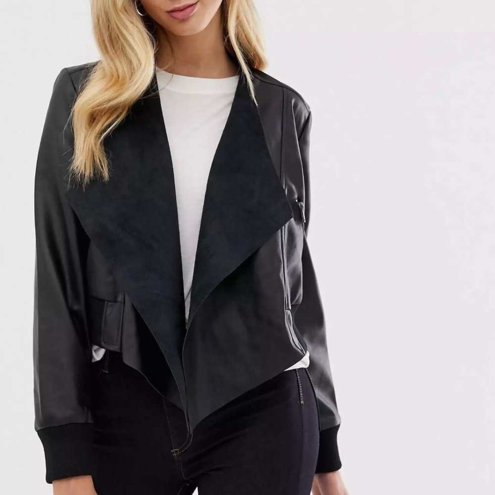 French Connection Abellana Black Faux Leather Waterfall Bomber Jacket Size 8